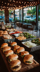 Banquet Table Displaying Burgers Fries Salads and Various Dishes in Restaurant Setting