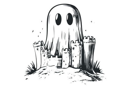 Ghost overlooking castle ruins in monochrome line art with stars. Vector retro hand drawn illustration