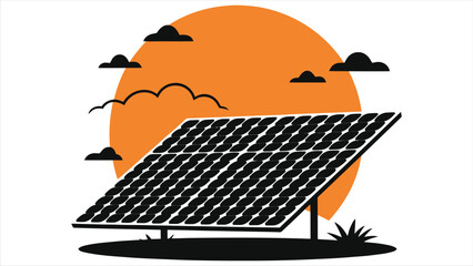 Silhouette illustration of a solar panel on a sunny day./A stylized, graphic illustration of a solar panel against a backdrop of an orange sun and clouds.