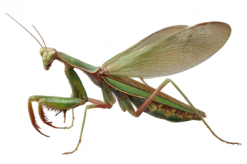 A praying mantis mid-lunge forearms extended to snatch an invisible prey wings slightly spread for balance. Shot against transparent background 