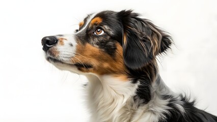 Close up portrait of an australian shepherd dog with a white background looking to the left side