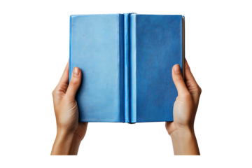 Hands holding open blue cover book isolated on transparent background