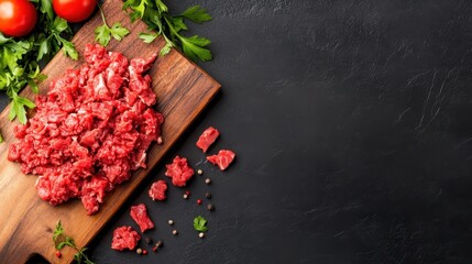 An enticing arrangement of raw ground beef on a wooden cutting board, accompanied by fresh parsley and tomatoes, showcasing the raw, unprocessed essence of meat preparation.
