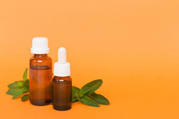 Natural Mint Essential Oil in a Glass Bottle. organic cosmetics with herbal extracts of mint on colored background
