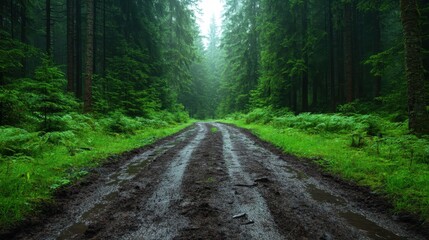 Obraz premium A tranquil muddy path surrounded by towering trees in a lush forest creates an atmosphere of serenity and mystery, inviting exploration into nature's embrace.