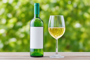 Wine bottle and glass on a wooden vineyard table