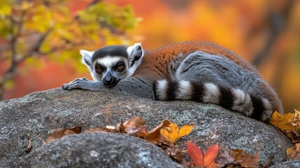 Lemur resting on autumnal rock