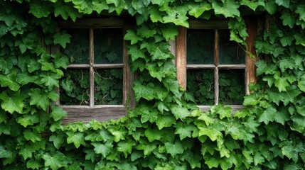 Charming vintage windows framed by vibrant, lush ivy, creating a picturesque and enchanting scene that evokes feelings of nostalgia and connection with nature.