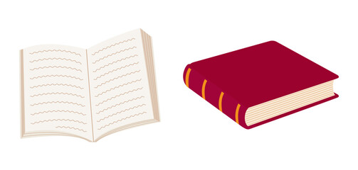 Set of books isolated on white or transparent background. Red open and beige open book. Vector illustration. Close-up element for study and school design decoration.