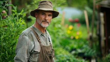 A man in a hat standing in a garden with green and yellow plants.