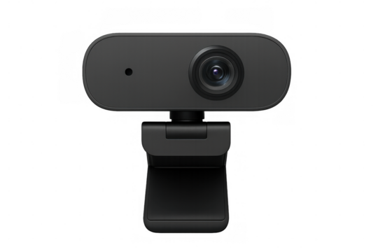 Black webcam positioned against transparent background, supporting remote communication needs
