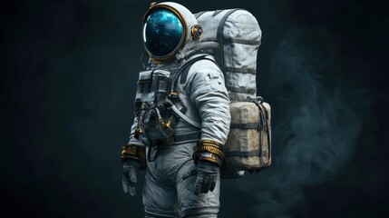 A lone astronaut stands in a dark, foggy space, wearing a white spacesuit with a blue and orange helmet, carrying a backpack with a view of the Earth's horizon.