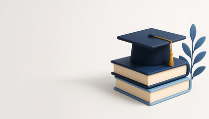 Graduation cap on books with blue leaves concept of education and knowledge