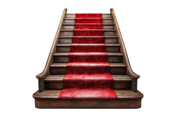 Nice wooden Vintage stairs with red carpet isolated on transparent background