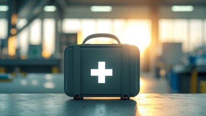 Minimalist first aid kit with a white cross placed on industrial workspace, evoking a calm yet prepared atmosphere for workplace safety.
