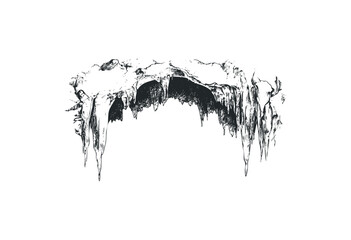 Intricate sketch of natural ice cave with hanging stalactites and rough texture. Vector retro hand drawn illustration