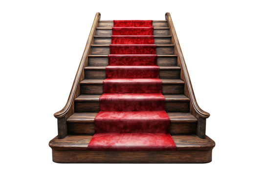 Nice wooden Vintage stairs with red carpet isolated on transparent background - Powered by Adobe