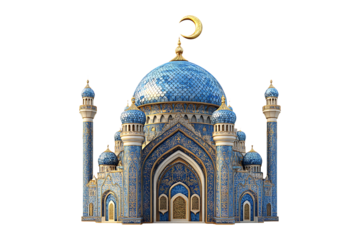 mosque with blue dome and golden crescent moon isolated on transparent background