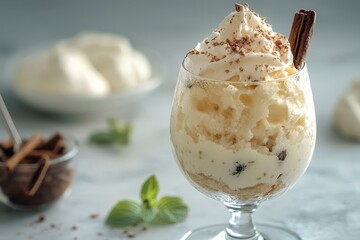 Delicious tiramisu dessert in glass, with whipped cream and cocoa. Showcase the dish in food blogs, menus, and restaurant advertisements.