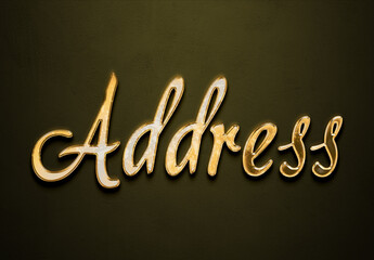Old gold text effect of word Address with 3D glossy style Mockup.