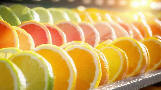 A colorful display of sliced citrus fruits, including oranges, lemons, limes, and grapefruits, arranged in a row.
