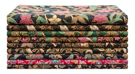 Stack of Indonesian batik fabrics with different patterns, isolated on white background. Generative AI