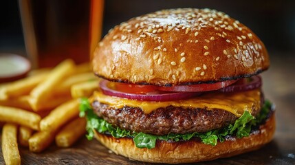 A close up of a burger with fries and beer sitting on a wooden table in a restaurant setting