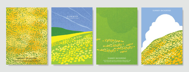 Abstract Green Summer landscape background vector set. Nature wallpaper of green field on mountain, yellow flowers, blue sky, rice. Watercolor illustration for cover, wall art, decoration.