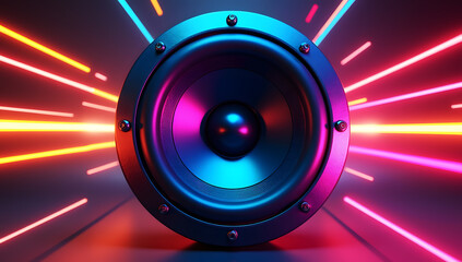 Illuminated audio speaker with vibrant neon lights and abstract colorful background