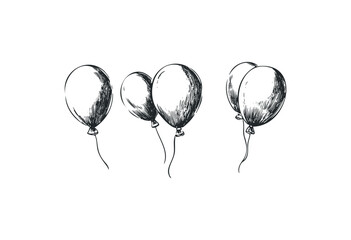 Sketch of floating balloons in various arrangements. Vector retro hand drawn illustration