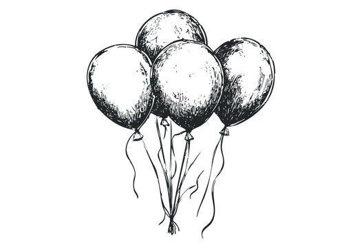 Hand-drawn sketch of five helium balloons for celebrations and parties. Vector retro hand drawn illustration