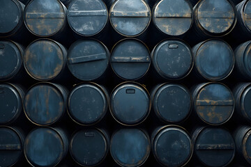Neatly Stacked Oil Barrels in Industrial Storage Facility  