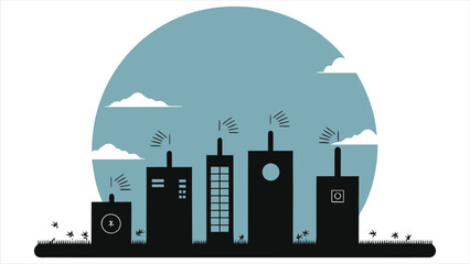 (Air Purification Systems)Abstract cityscape vector silhouette with communication towers/A stylized, minimalist cityscape silhouette featuring simple shapes of buildings and communication towers again