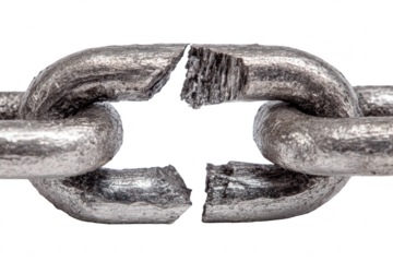 A single metal chain link snapping under tension with fractured edges gleaming under studio lights isolated on transparent background