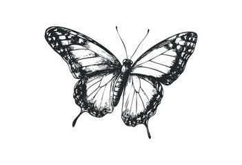 Detailed black and white butterfly sketch with intricate wings. Vector retro hand drawn illustration