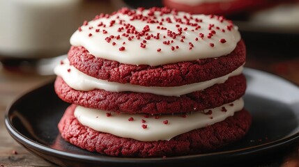 A stack of three red velvet cookies with white frosting and red sprinkles on a black plate