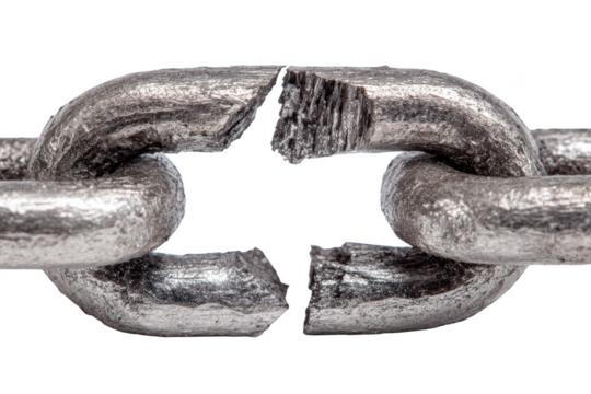 A single metal chain link snapping under tension with fractured edges gleaming under studio lights isolated on transparent background - Powered by Adobe