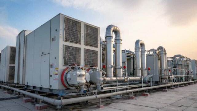 Industrial Air Compressor System: A powerful and efficient industrial air compressor system, featuring multiple units and a network of pipes, stands against a clear sky.