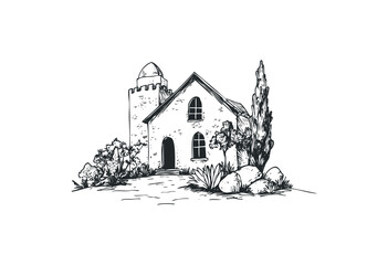 Medieval stone house with tower and garden sketch. Vector retro hand drawn illustration