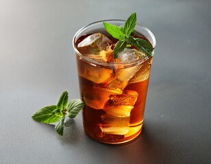 Close-up of iced tea with ice cubes and green mint leaves on a gray table . Generated image