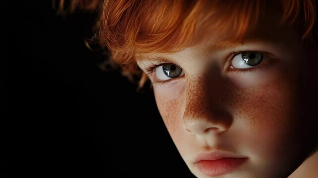 A close-up portrait of a young child with red hair, freckles, and expressive eyes, set against a dark background.