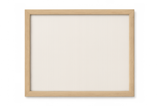 Rustic light brown wooden frame with clean white interior, floating against transparent backdrop, providing simple design layout