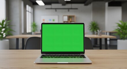 Modern Laptop with Green Screen in Modern Office Space