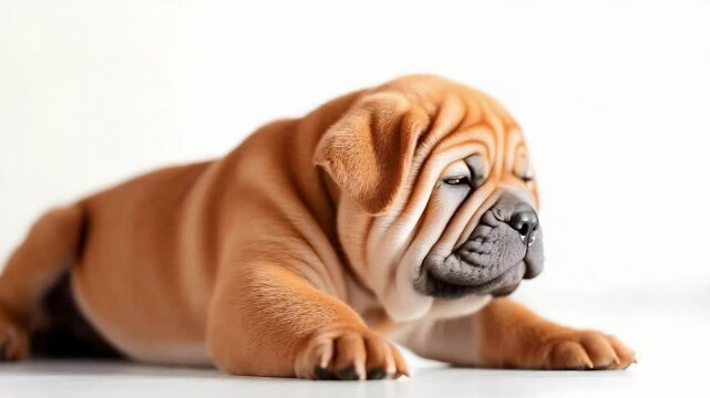 A cute, sleepy Shar Pei puppy with wrinkled skin lying on a flat surface.