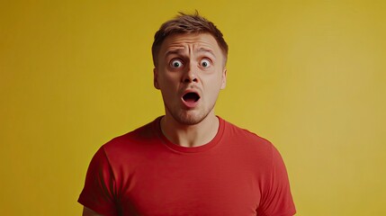 Surprised man in red t-shirt looking intensely shocked