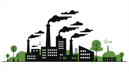 Obraz premium (Eco-Friendly Factories)Vector Silhouette Of Industrial Landscape with Smoke and Greenery: A Sustainable Vision..