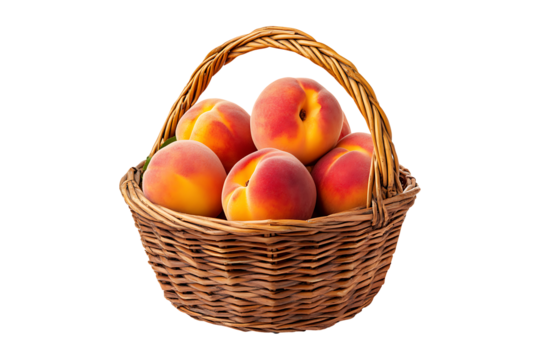 peach fruit in a wicker basket isolated on transparent background