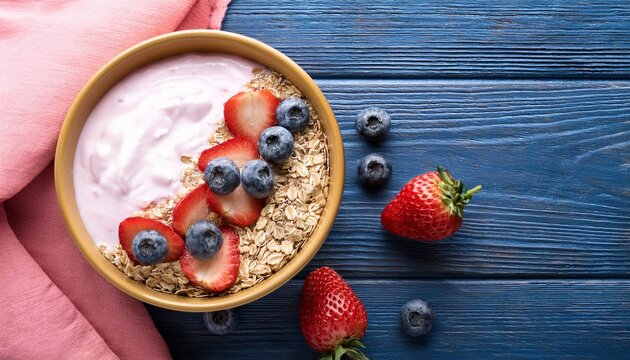 Top view od ceramic bowl with yogurt, fresh sliced strawberries and blueberries and dry oats. Generated image