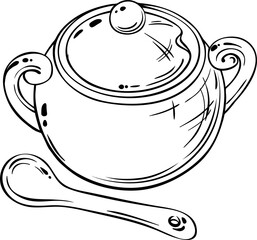 Sugar Bowl  Isolated Outline Illustration for Design and Decoration for Cafeteria, Posters, Banners, Cards.