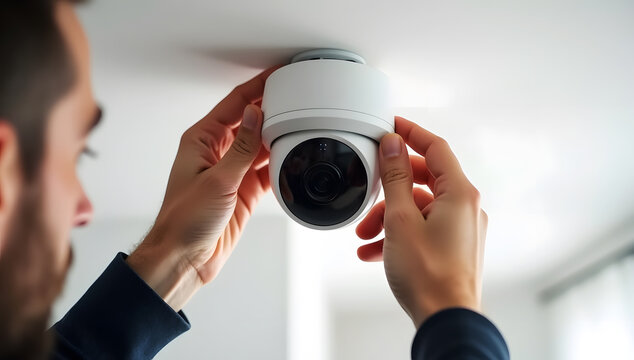 Person installing a modern security camera on a white ceiling for home surveillance